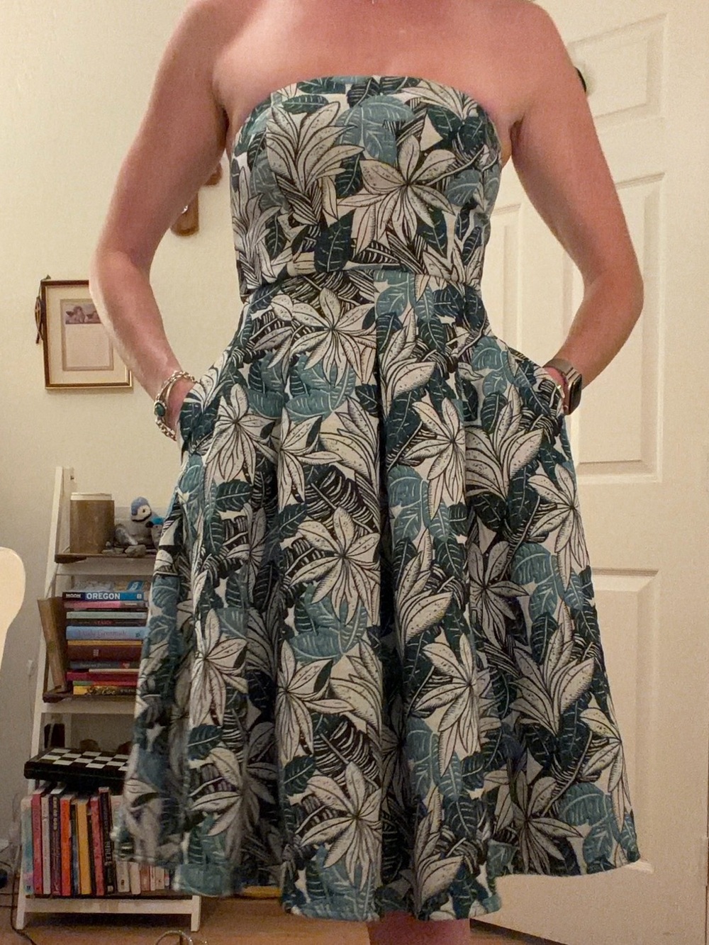 Strapless Tropical Leaf Fit-and-Flare Dress — Teal & White New York & Co